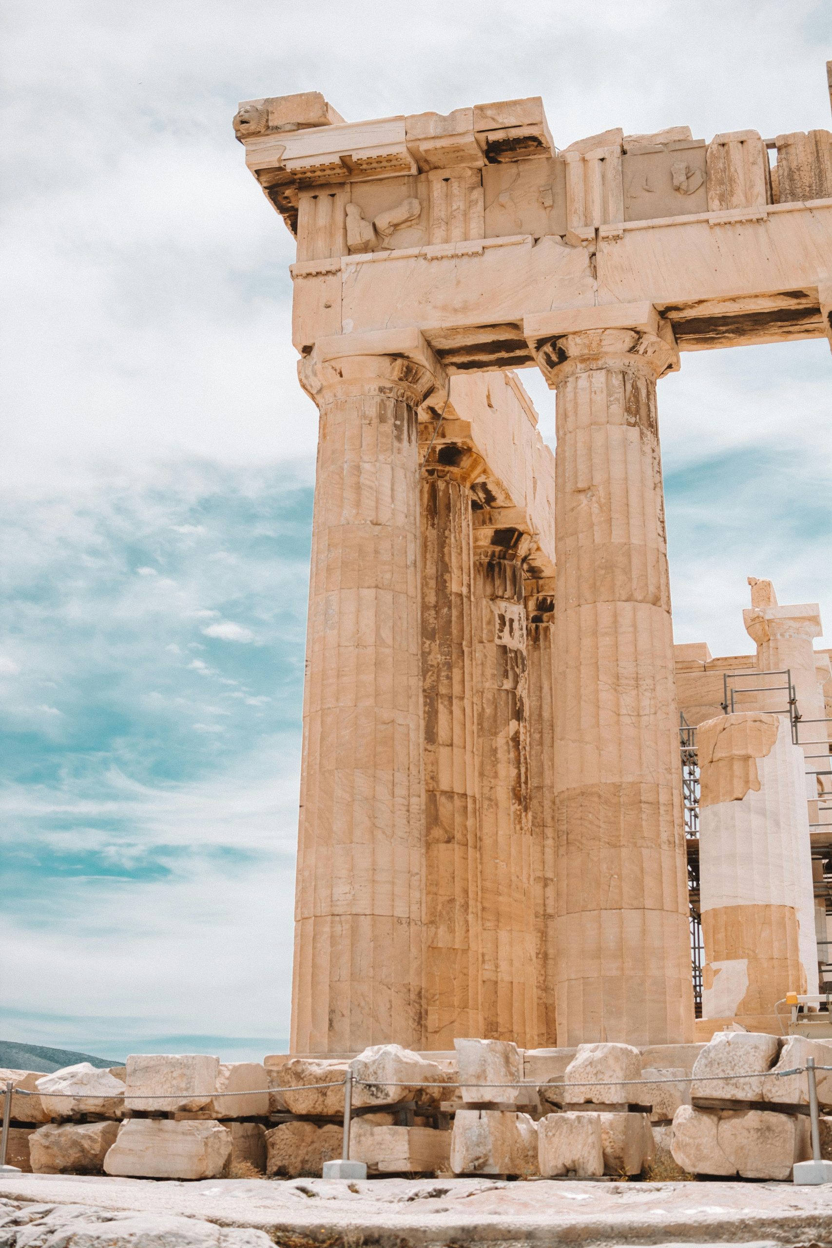 High angle view of the iconic Parthenon temple ruins in Athens showcasing ancient Greek architecture.
